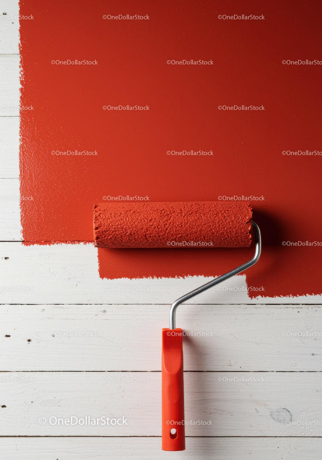 Red Wall Painting in Progress with Paint Roller and Creative Atmosphere