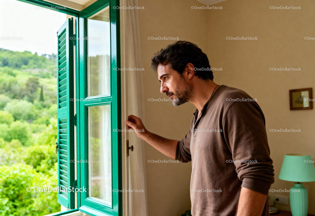 Thoughtful man looking out open window at greenery