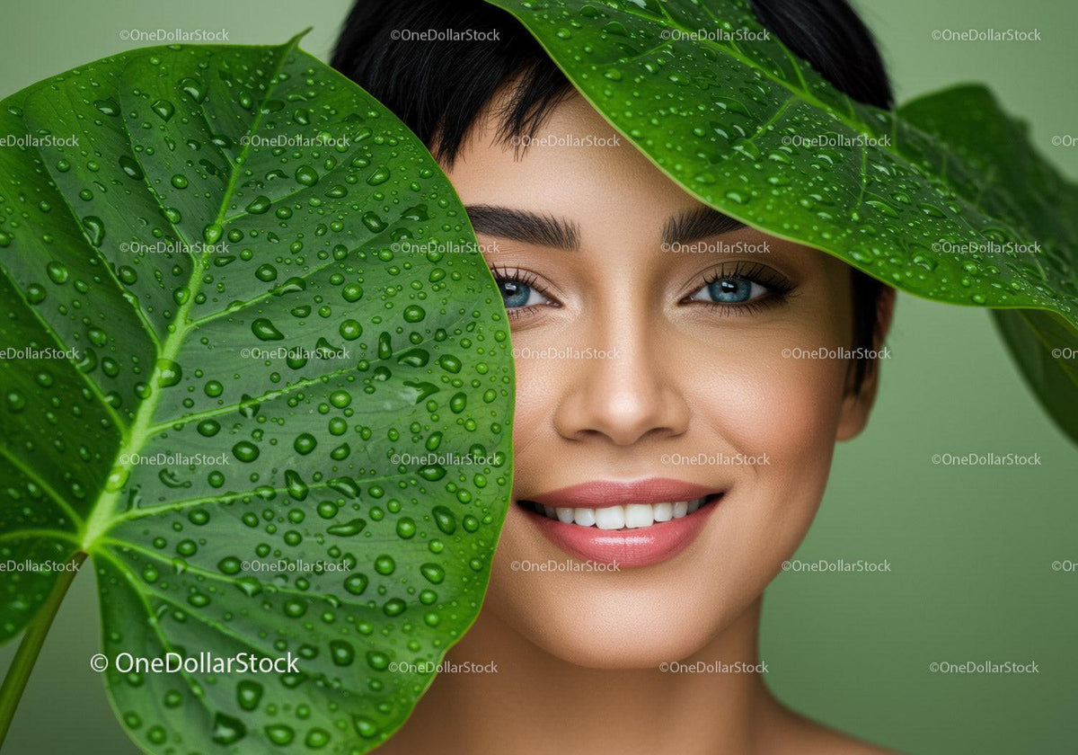 Close-Up of a Woman with Blue Eyes Behind Large Green Leaf with Water Droplets
