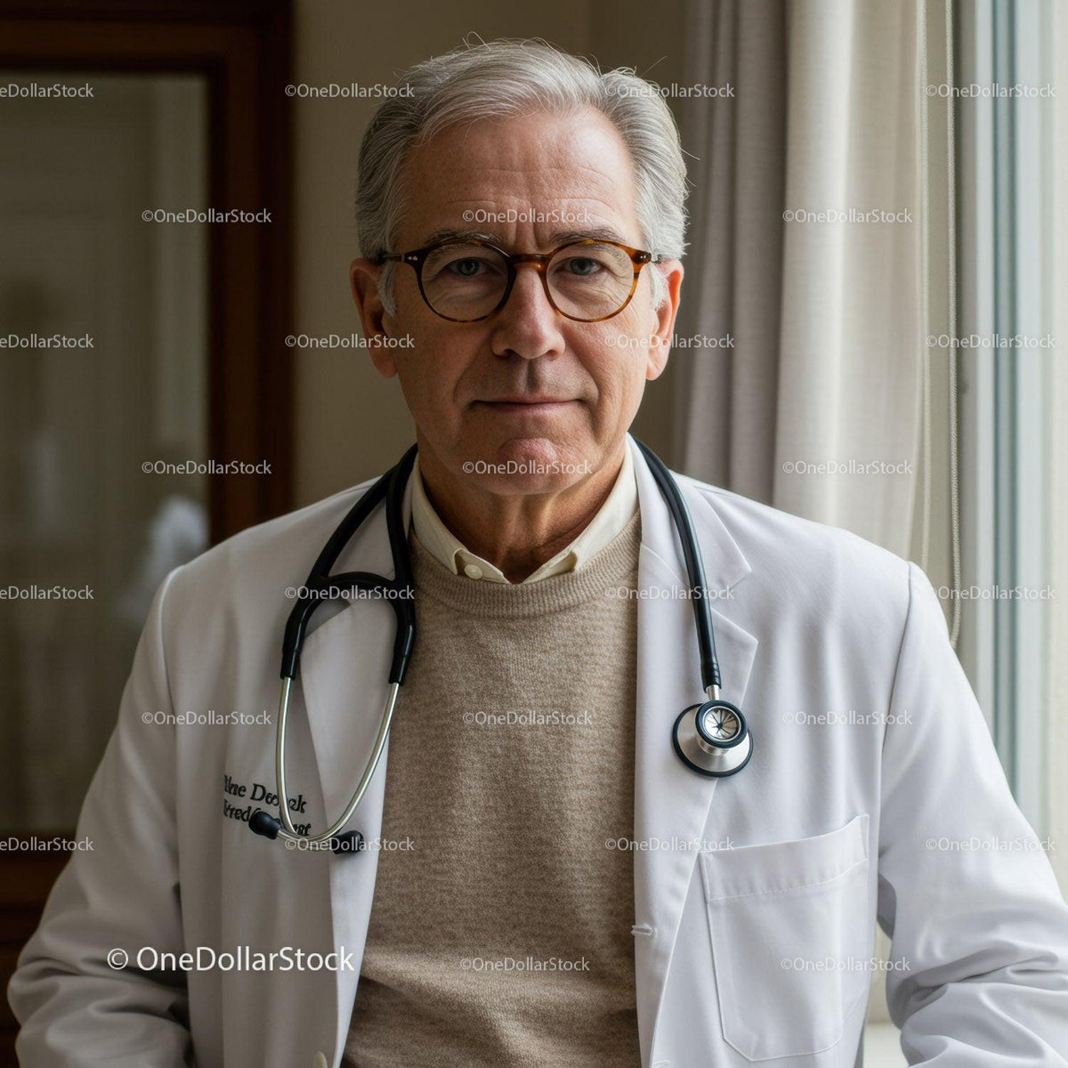 Senior Male Doctor in White Coat with Stethoscope in Clinical Setting
