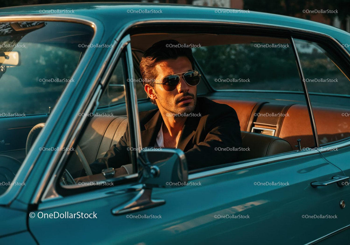 Stylish Man in Sunglasses Sitting in Classic Vintage Car at Sunset Stock Photo Bundle preview 21