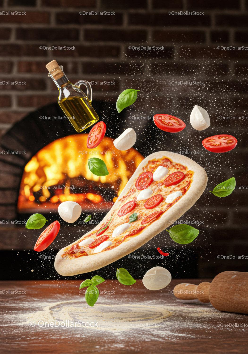 Fresh Margherita Pizza with Ingredients Flying in Air