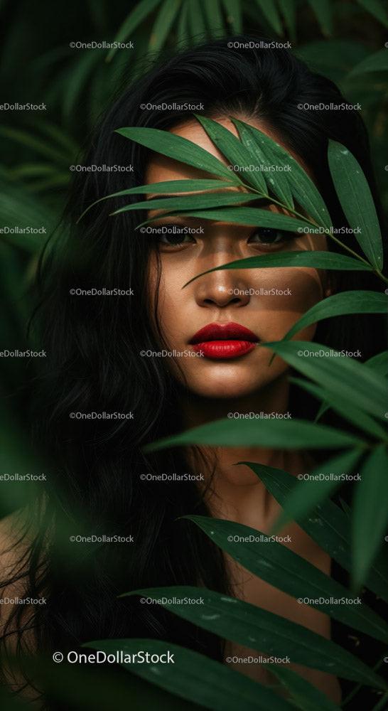 Portrait of a Woman with Red Lips and Tropical Leaves