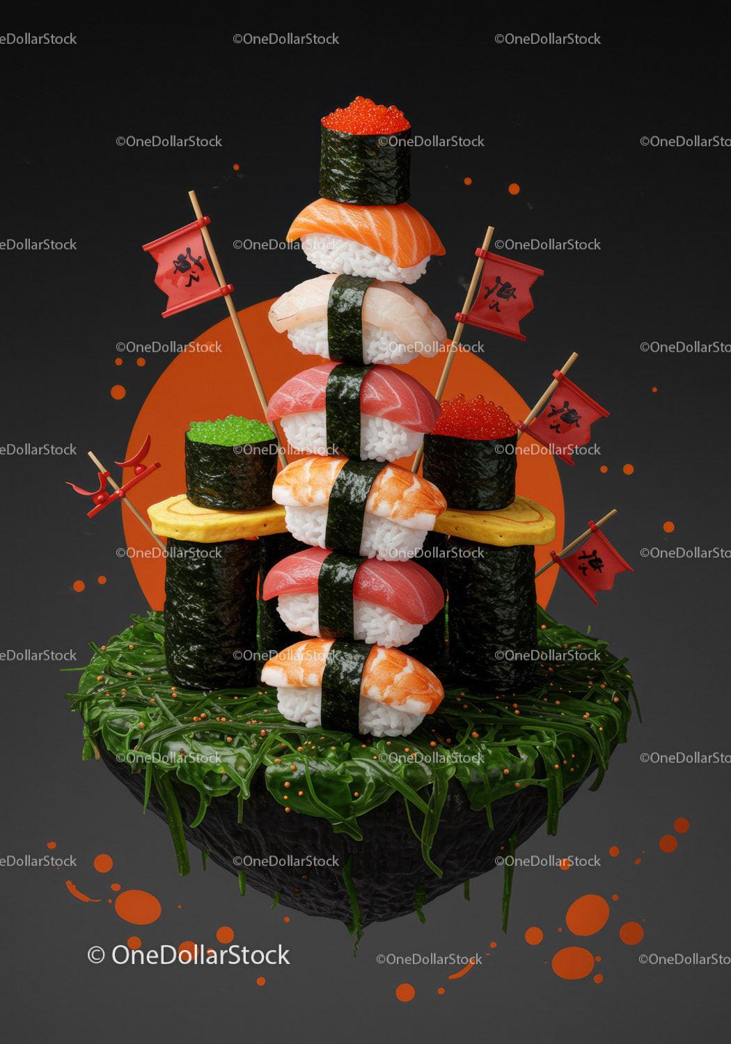 Creative sushi tower with vibrant fish roe and seaweed base