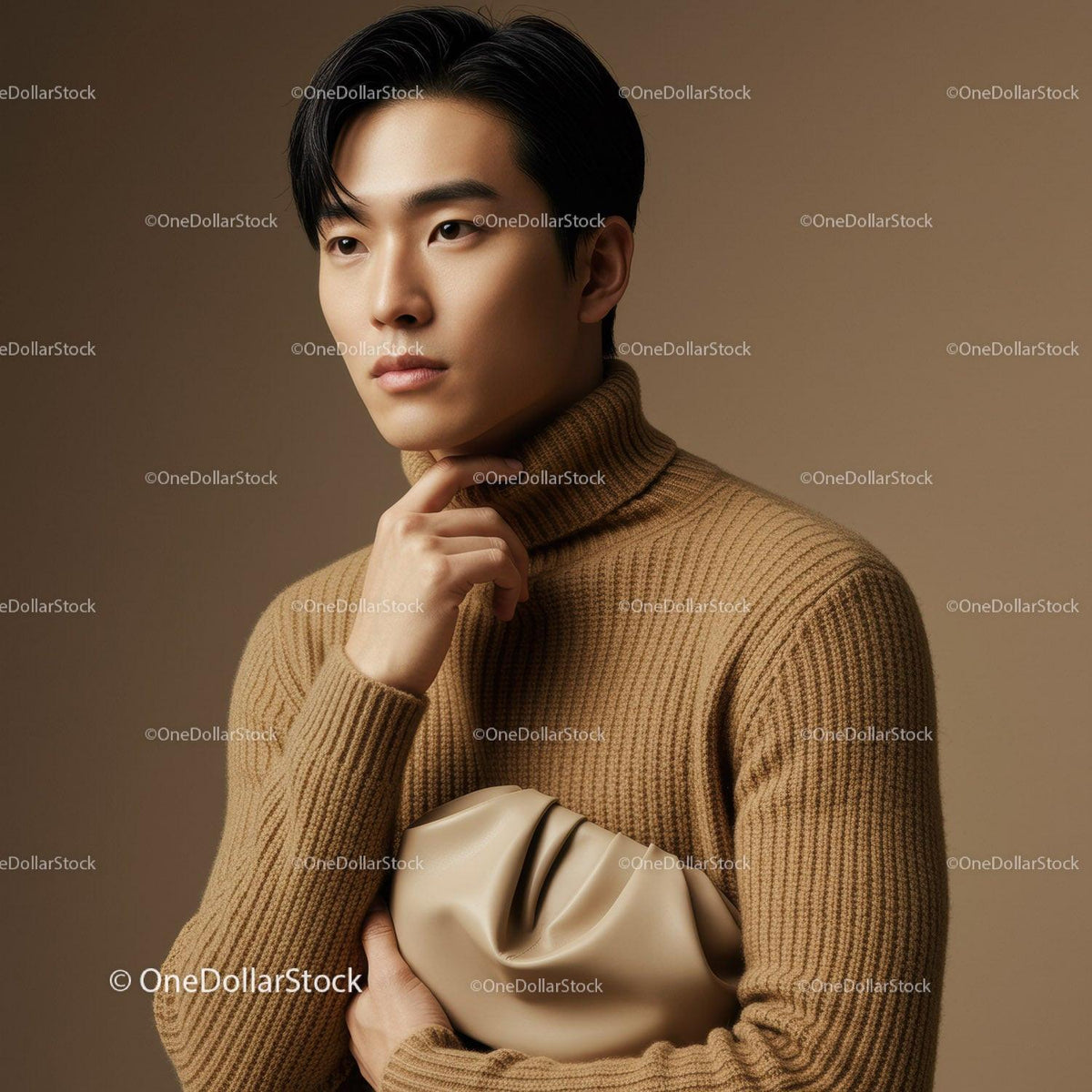 Elegant Male Model in Beige Turtleneck Sweater for Fashion Photography
