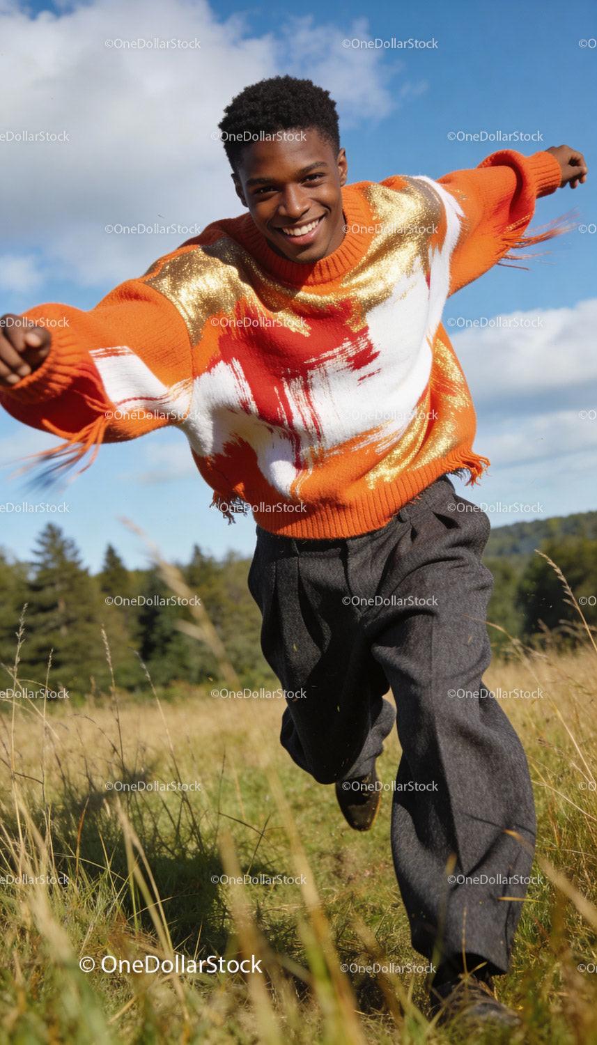 Smiling young man joyfully running in colorful sweater