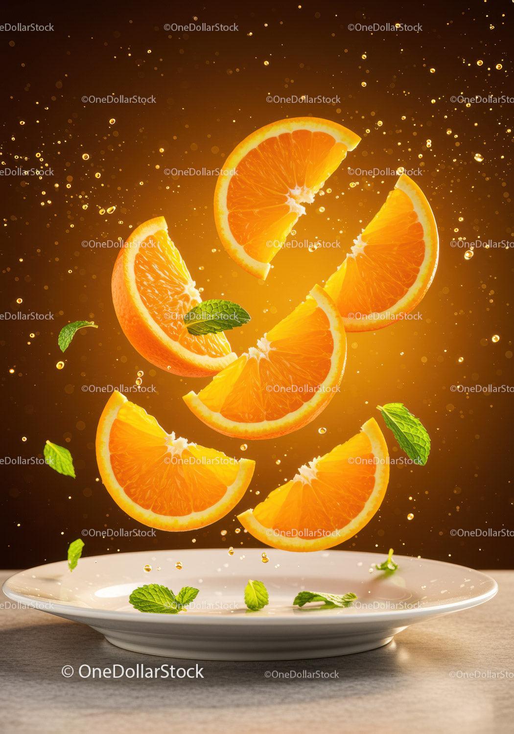 Fresh orange slices with mint leaves levitating above plate