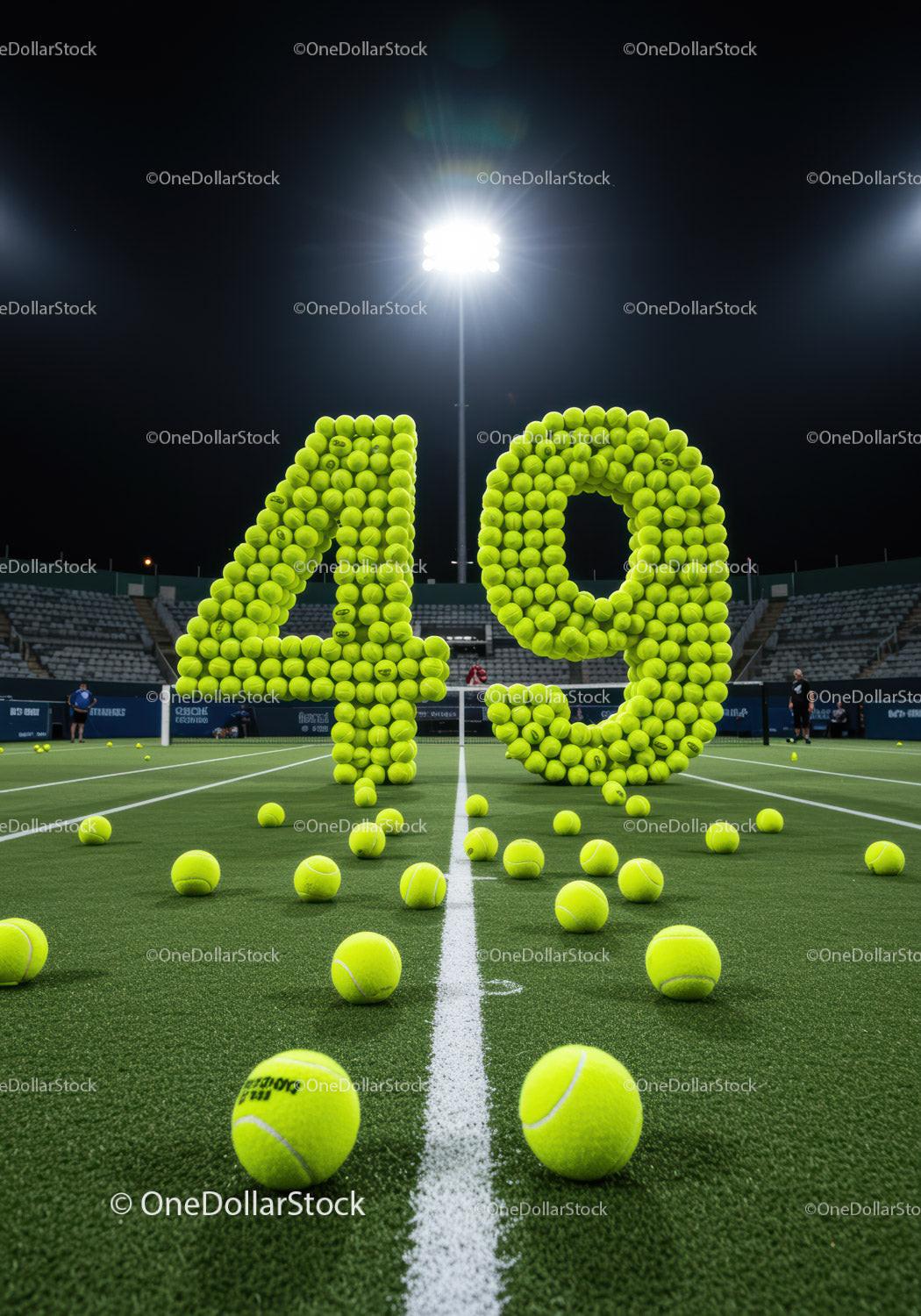 Tennis Balls Forming Number Forty Nine on Court at Night