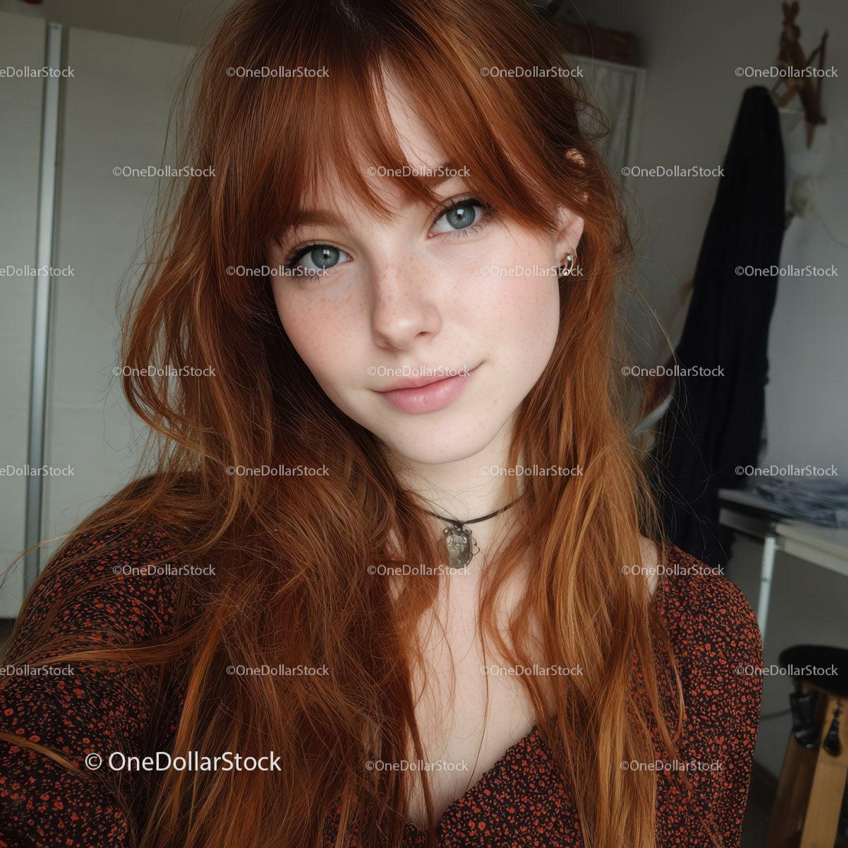 Portrait of a Red-Haired Woman with Blue Eyes in Casual Indoor Setting