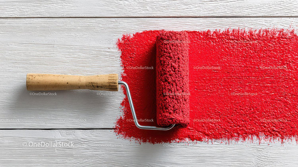 Red Paint and Painting Roller On White Wooden Surface Stock Photo Bundle preview 7
