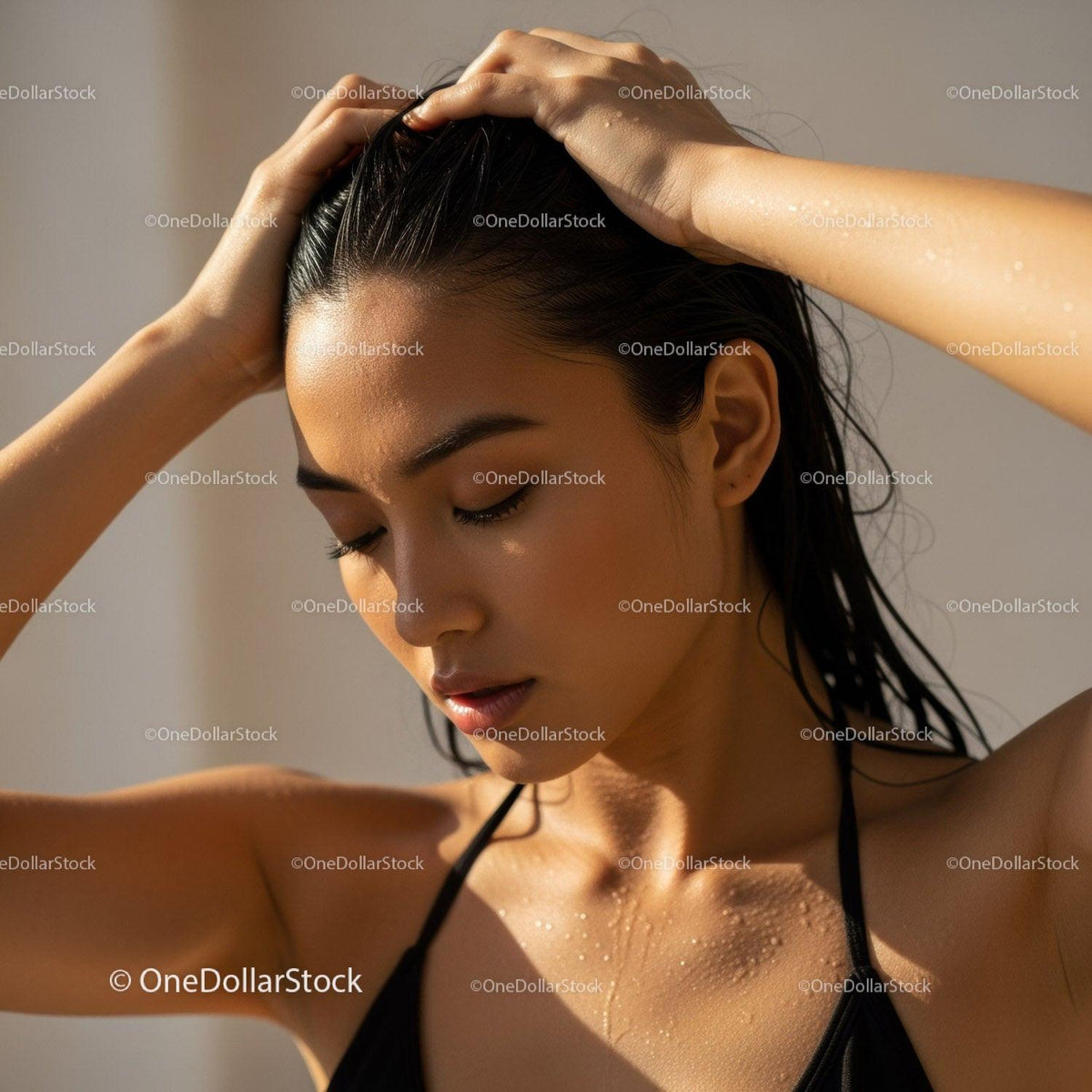 Elegant Woman with Wet Hair and Dewy Skin in Sunlit Portrait