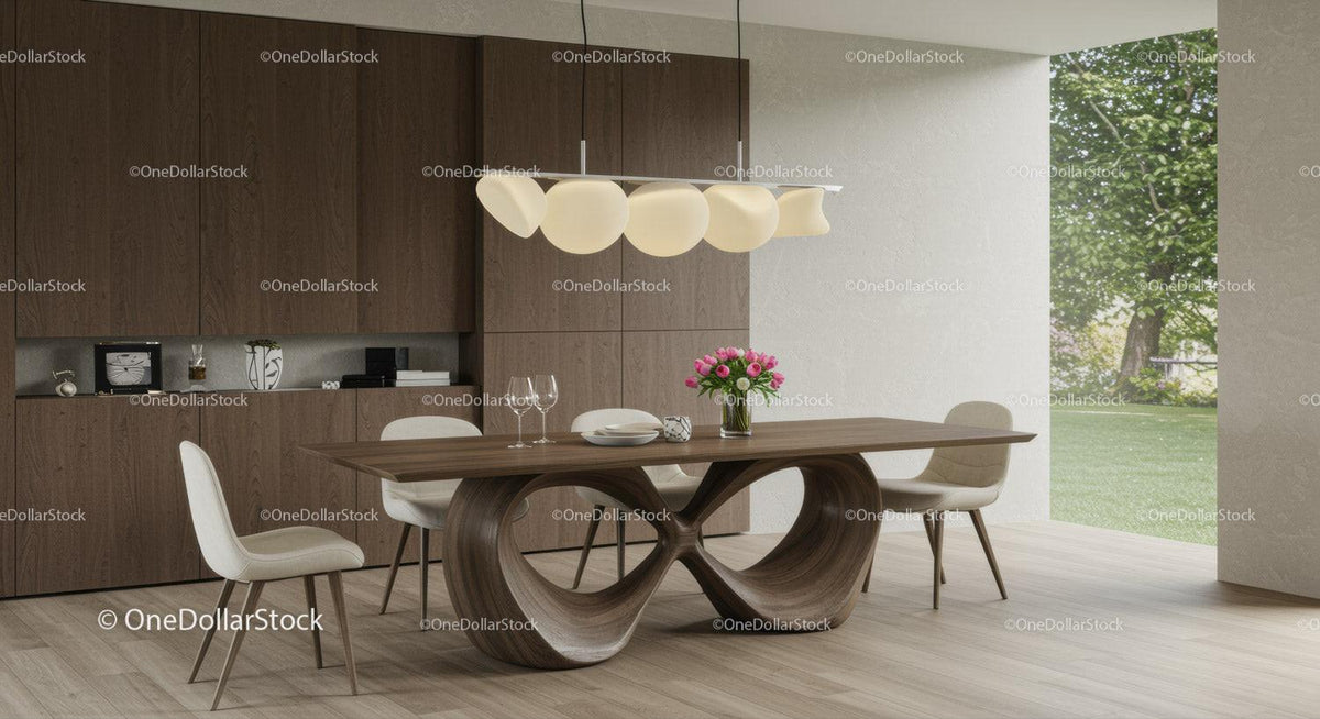 Modern Dining Room with Wooden Table and White Chairs Scene