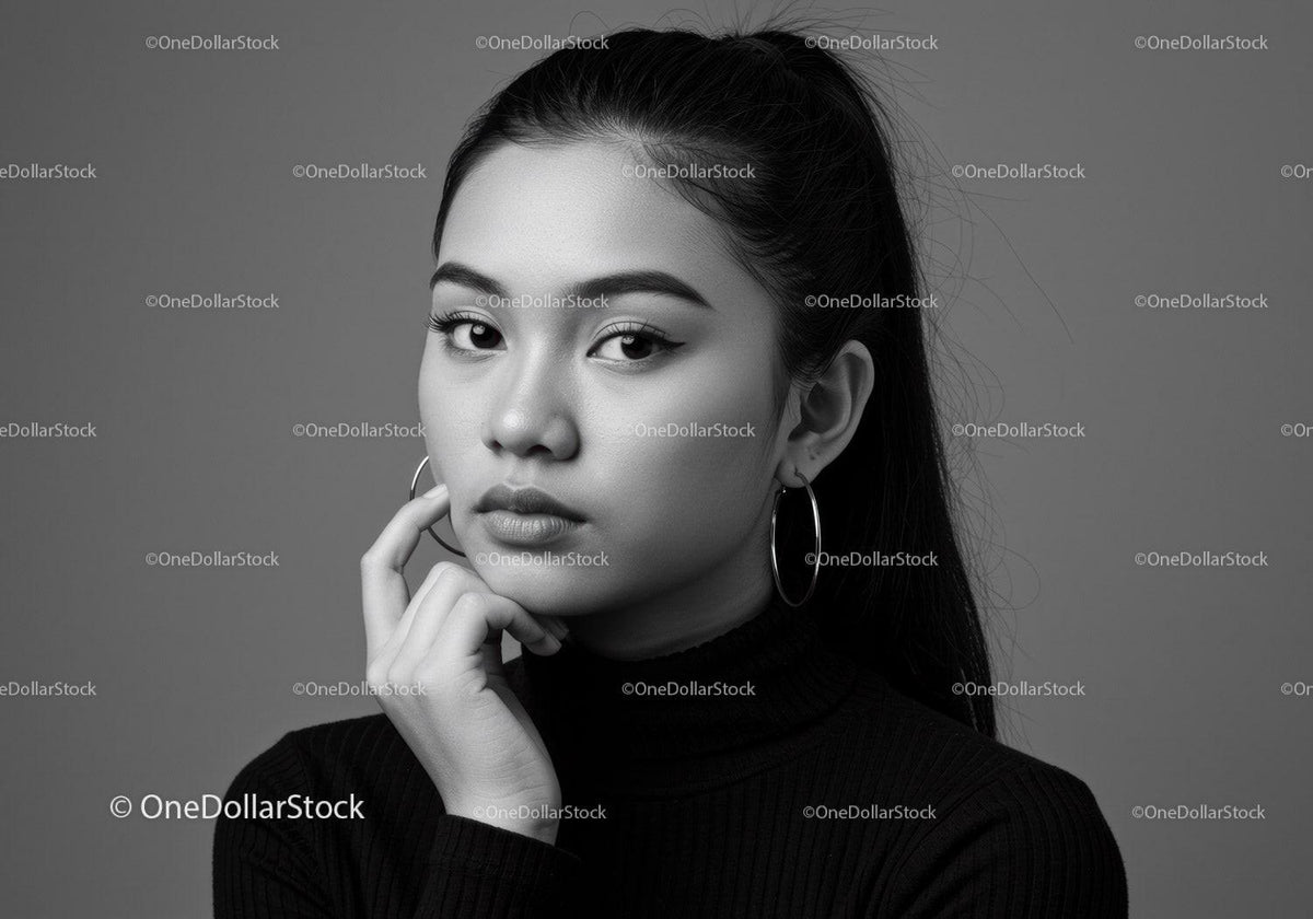 Elegant Black and White Portrait of a Young Woman with Stylish Earrings