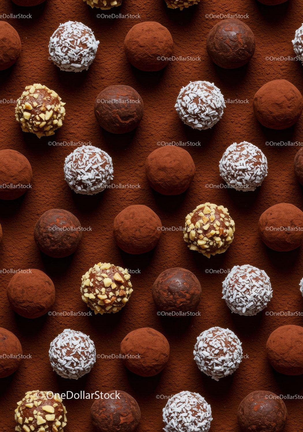 Assorted chocolate truffles with nuts and coconut flakes