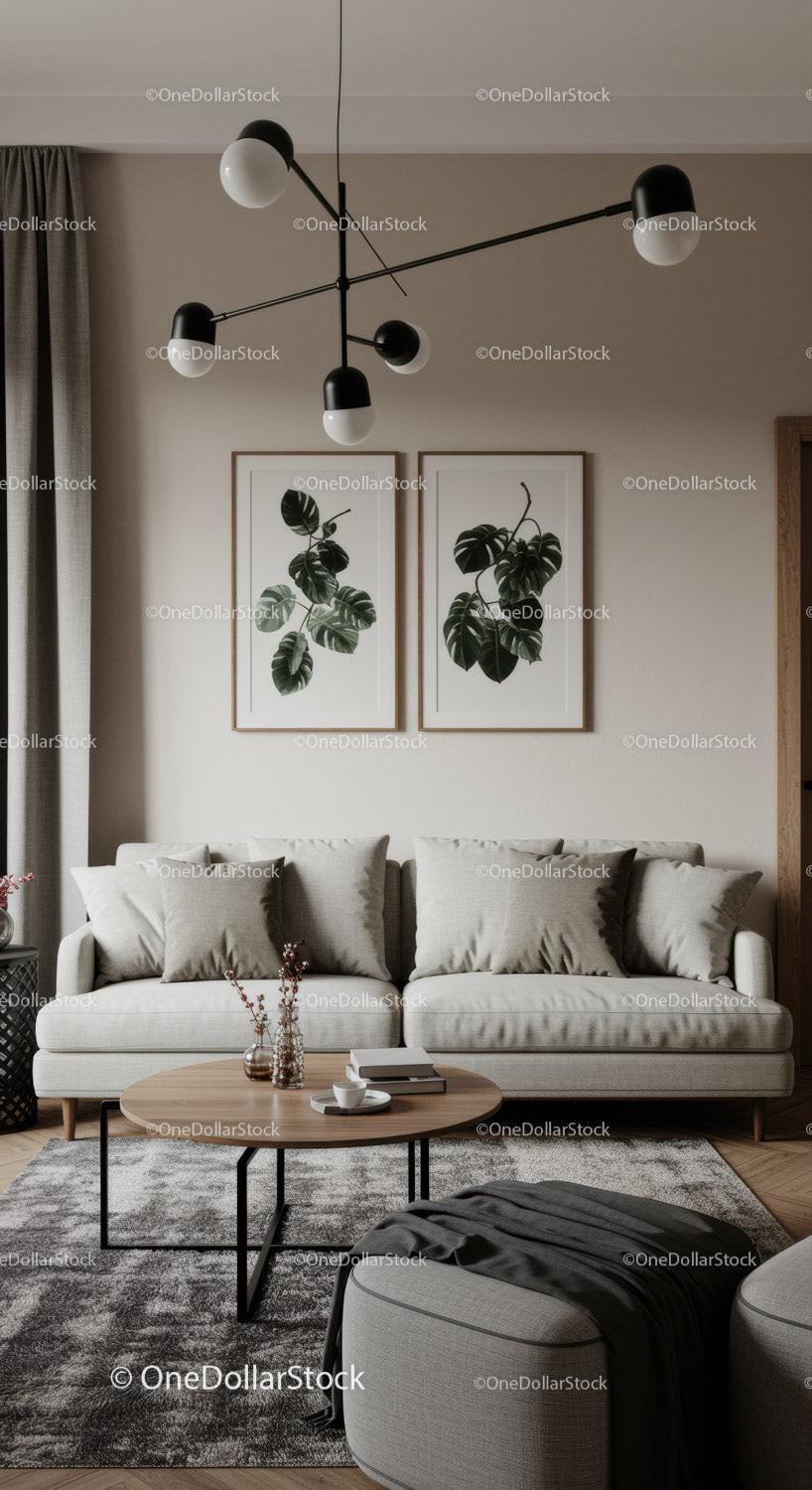 Modern Living Room with Monstera Wall Art and Stylish Ceiling Light