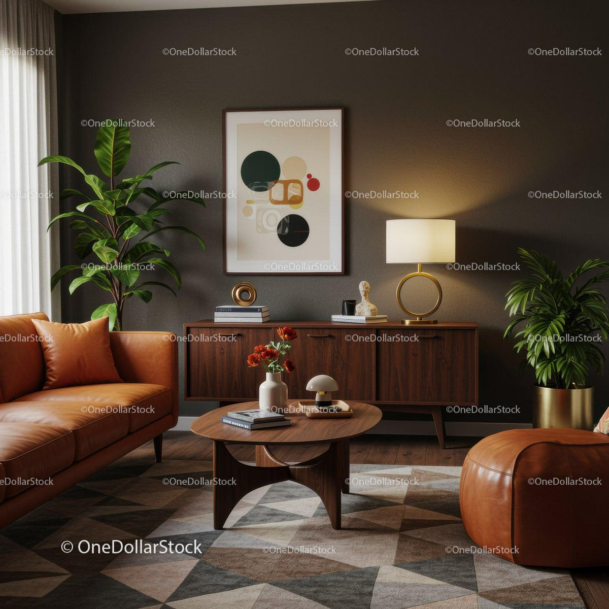 Cozy modern living room with leather furniture and plants