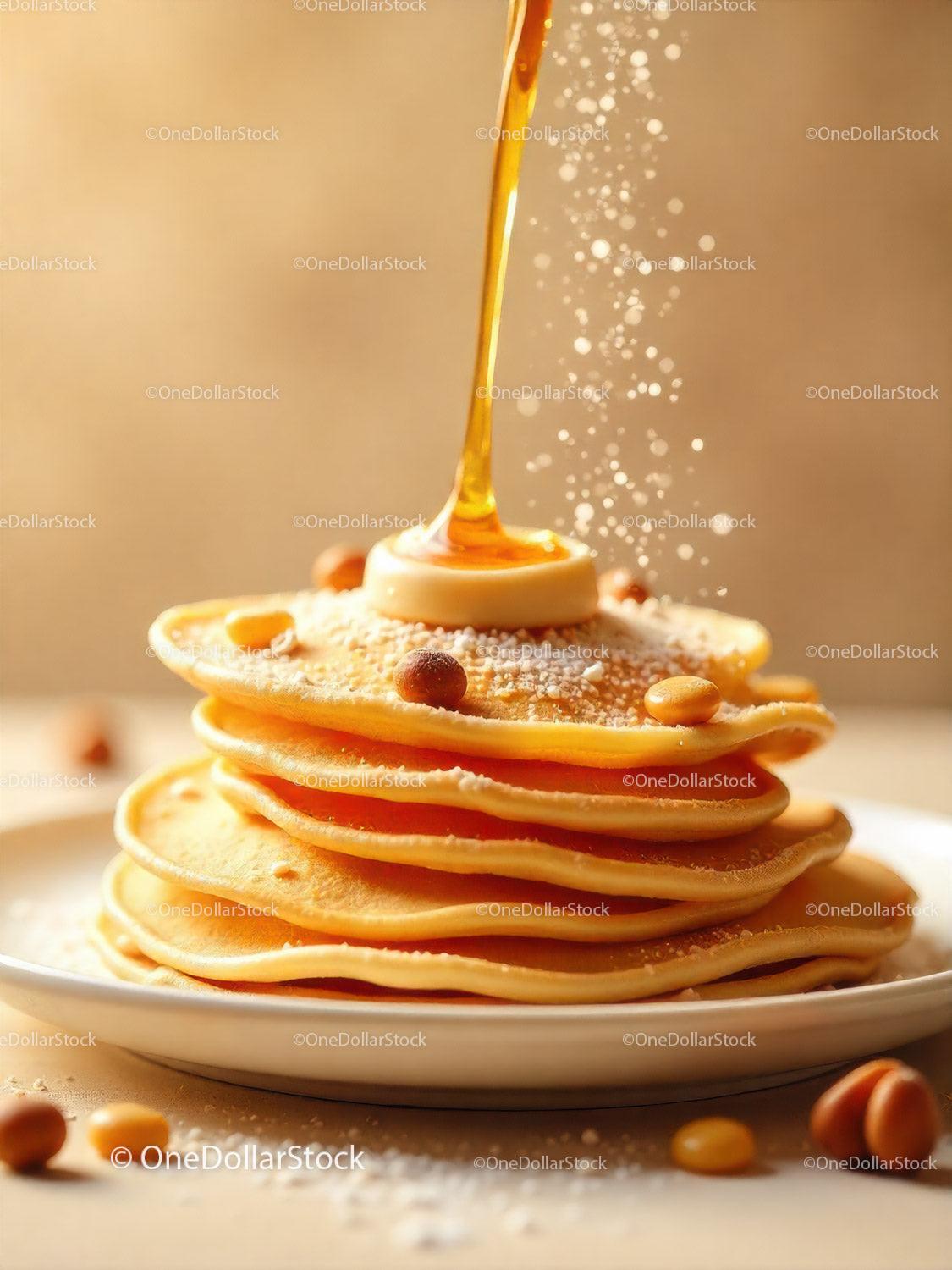 Stack of golden pancakes with butter and syrup drizzle