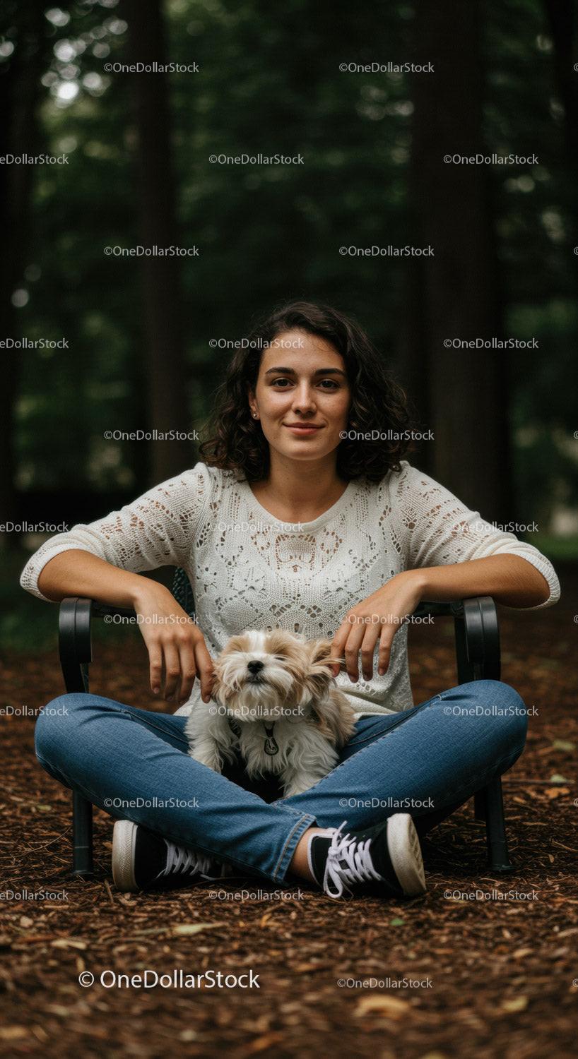 Young woman sitting with small dog in forest park