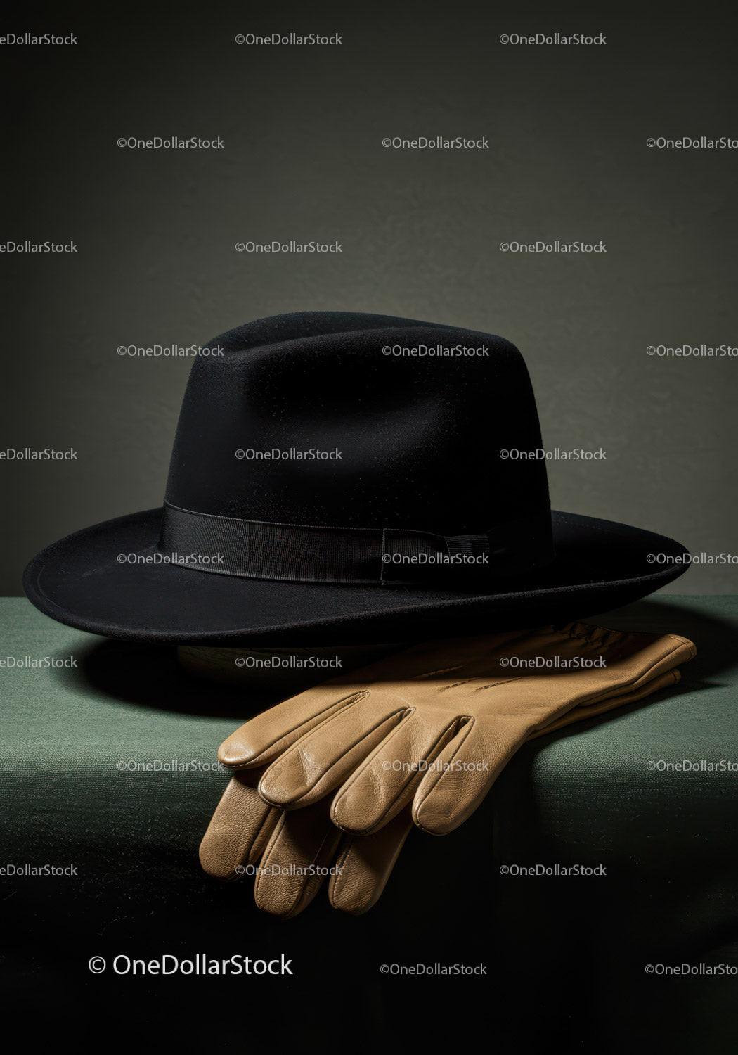 Stylish Black Fedora Hat with Beige Leather Gloves for Men