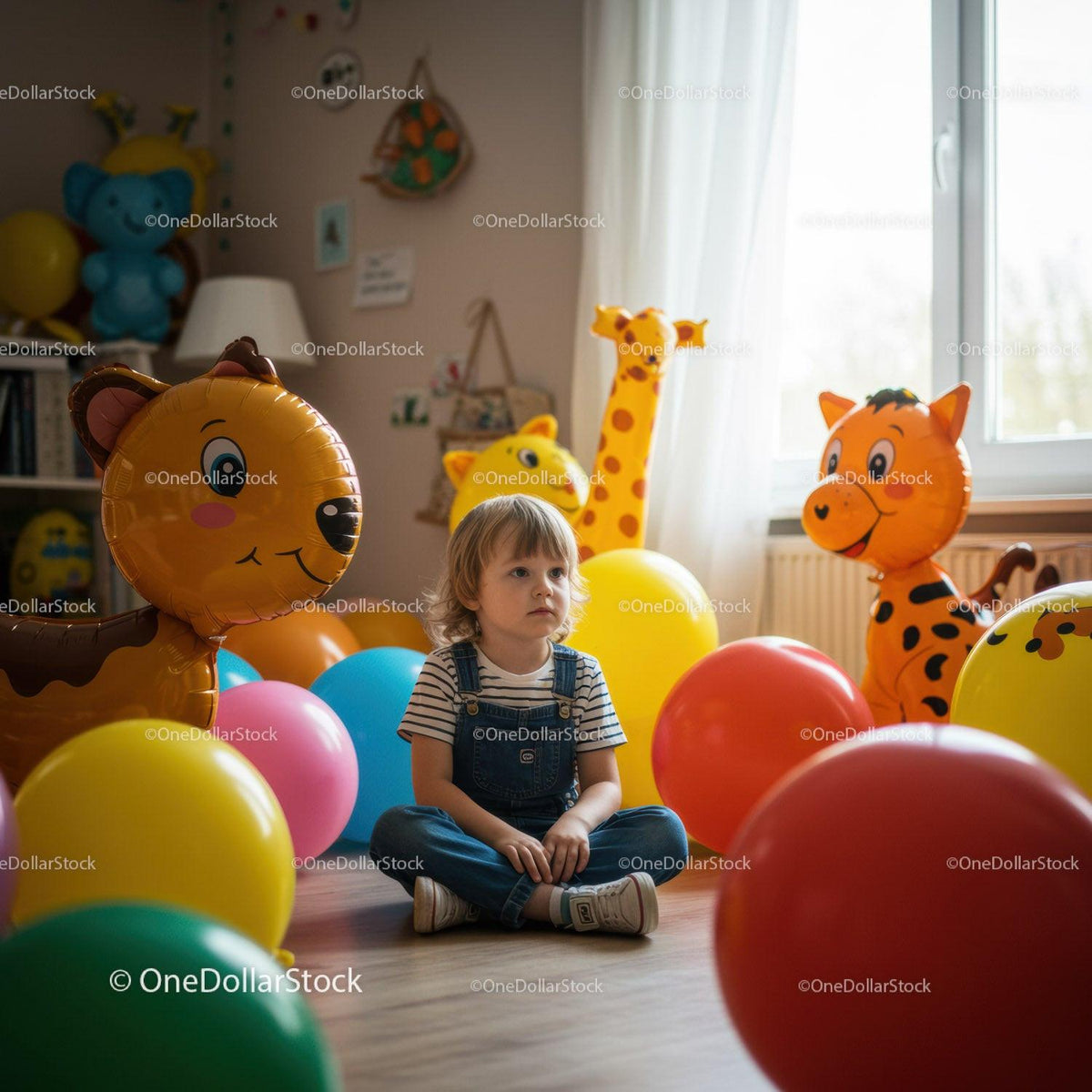 Toddler sitting among colorful balloons and animal inflatables