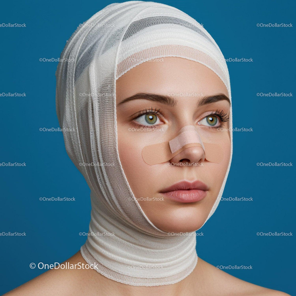 Close-up of Woman with Bandaged Head and Medical Dressings