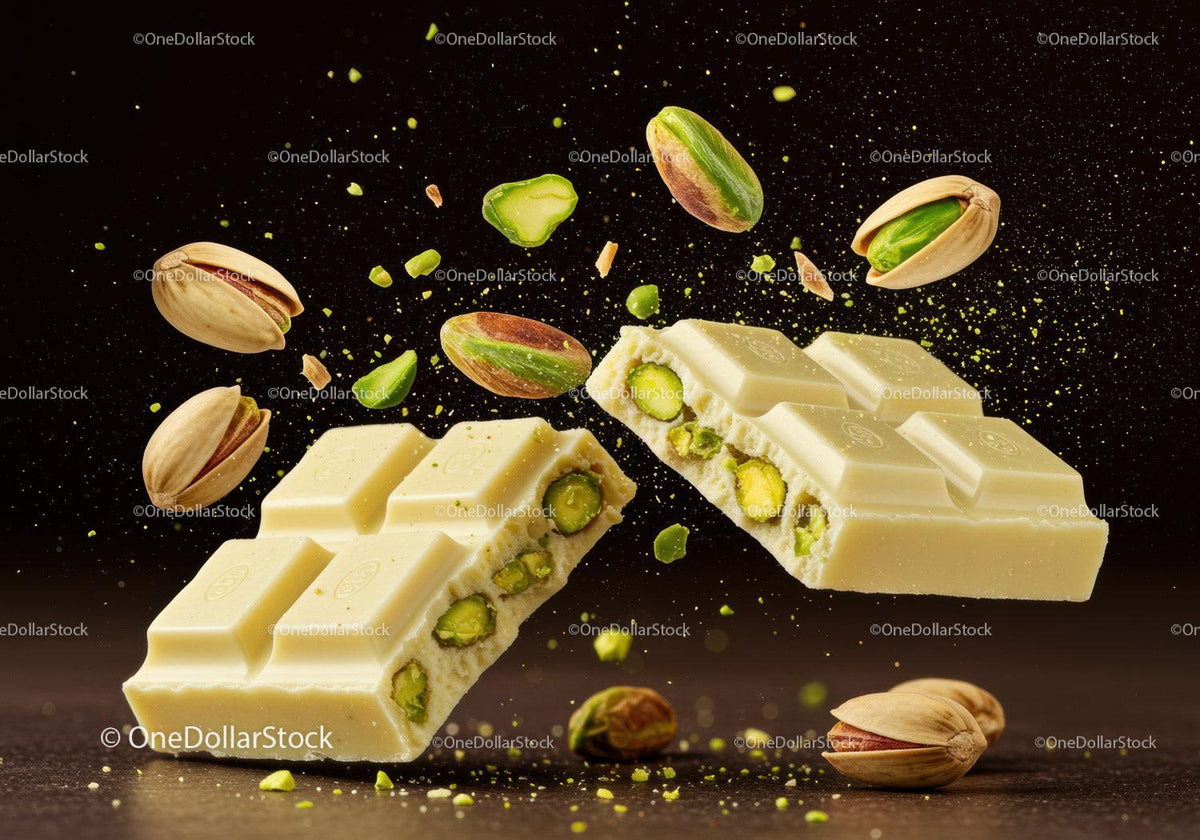 White chocolate bar with pistachio nuts close up