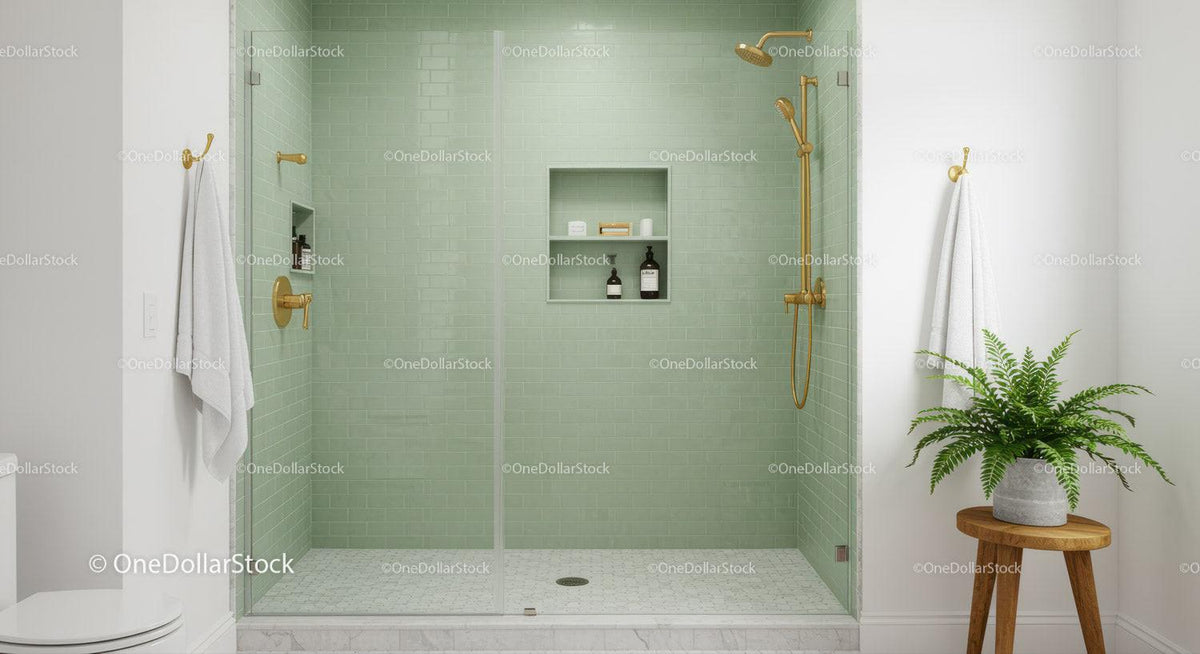 Modern bathroom with green tiled walk in shower