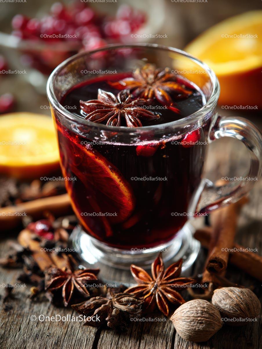 stock photo bundle made with Delicious Mulled Wine with Citrus and Spices in a Glass Mug Stock Photo Bundle