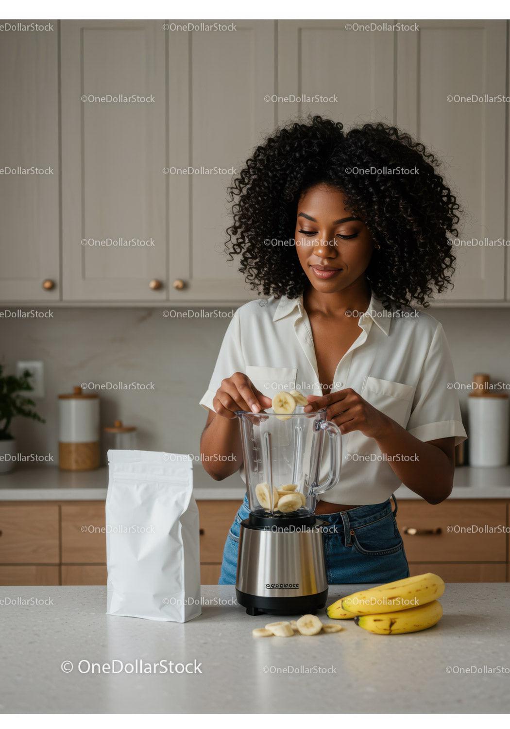 Young Woman Blending Banana Smoothie in Modern Kitchen JPG Mockup Image preview