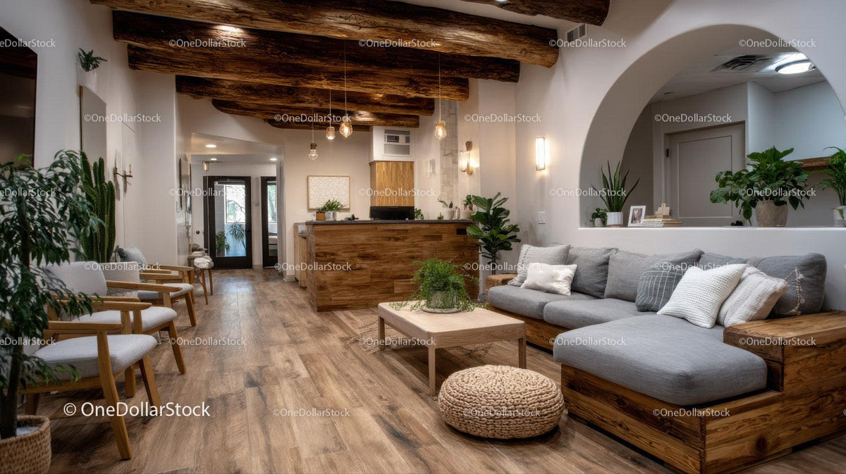 Modern Cozy Living Room with Wooden Ceiling Beams and Green Plants