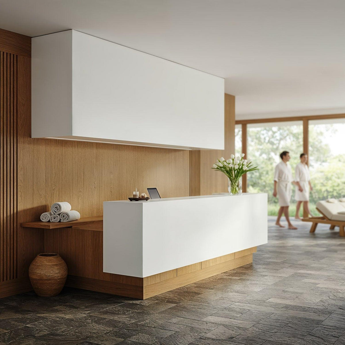 Minimalist spa reception with natural wood accents JPG Mockup Image preview