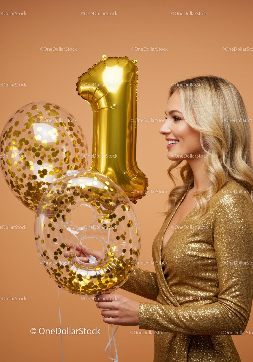 Smiling woman celebrating with gold number balloons