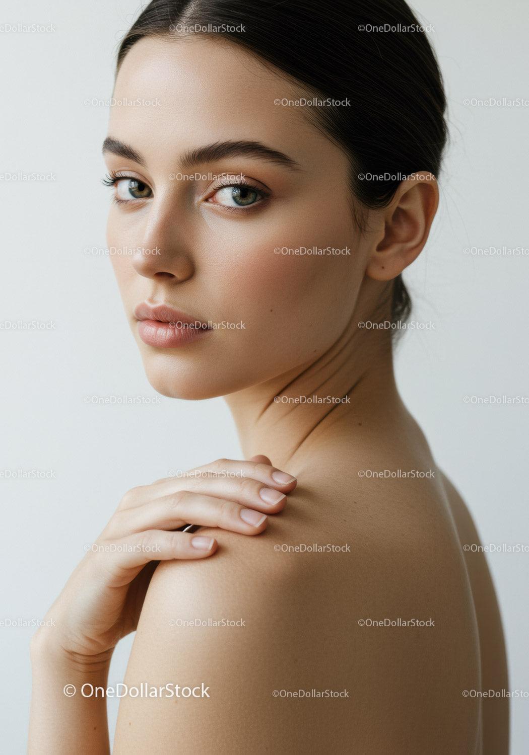 Elegant Portrait of a Young Woman with Clear Skin and Blue Eyes
