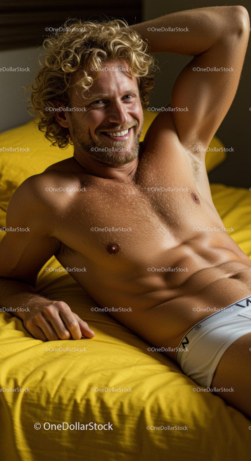 Smiling man relaxing on bright yellow bedding