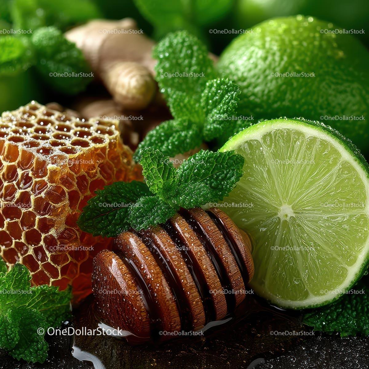 Fresh Limes, Mint Leaves and Honeycomb for Delicious Recipes Stock Photo Bundle preview 23