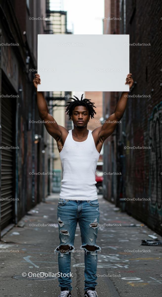 Young Man Holding Blank Sign in Urban Alleyway
