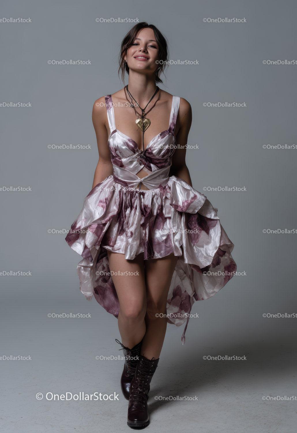Charming Woman in Floral Dress Wearing Boots Posing Confidently