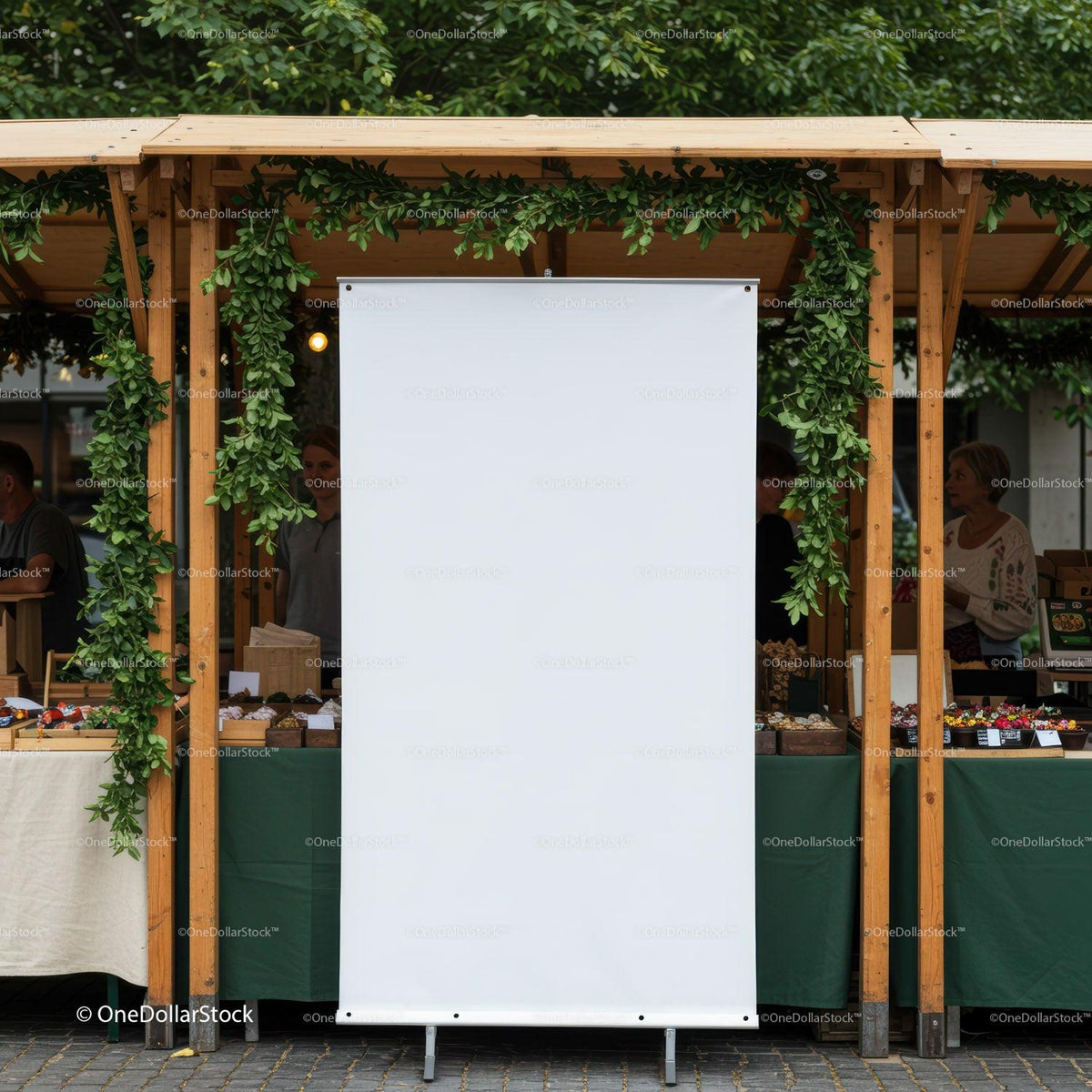 Blank vertical banner at outdoor wooden market stall JPG Mockup Image preview