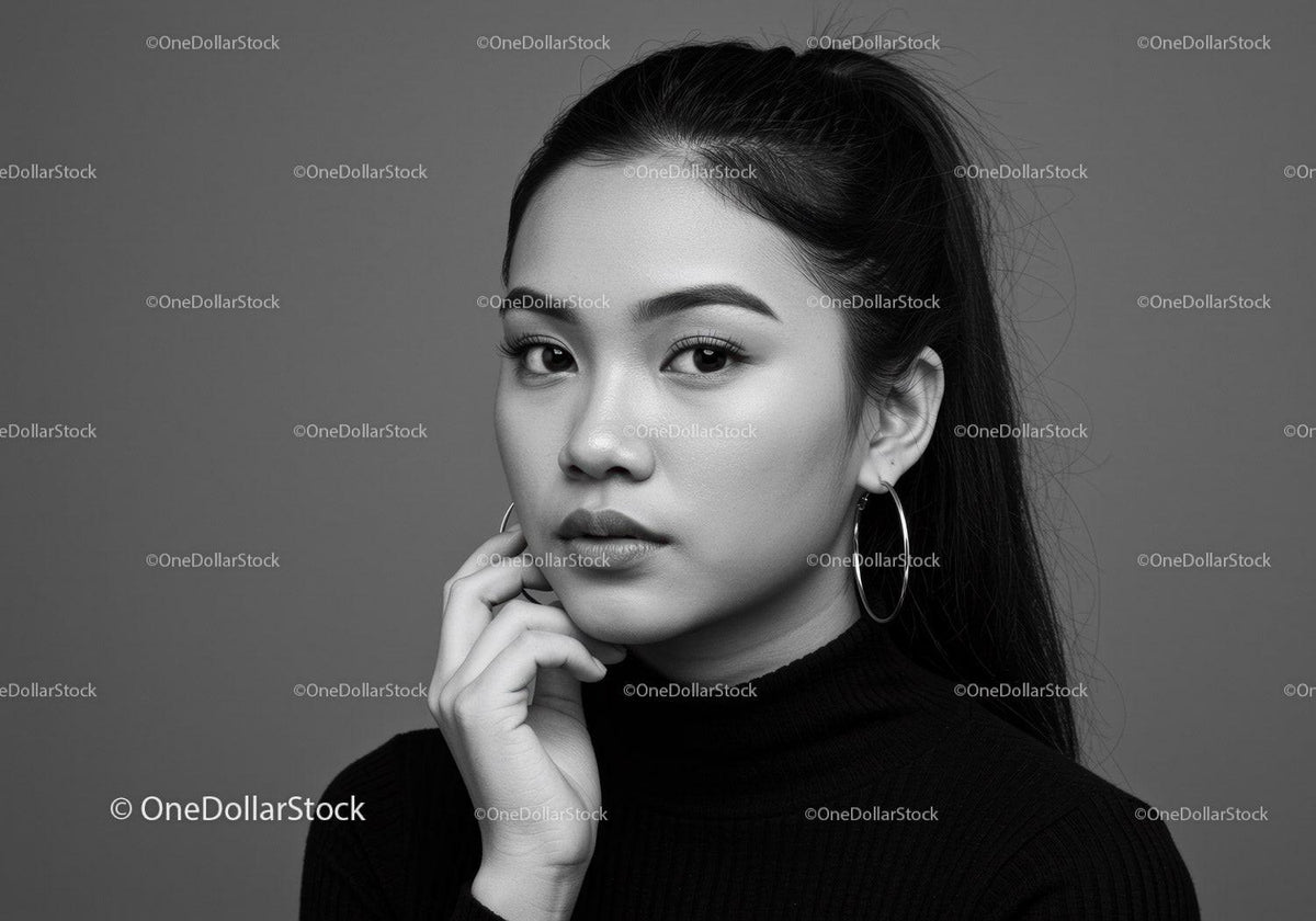Elegant Black and White Portrait of a Stylish Woman with Earrings