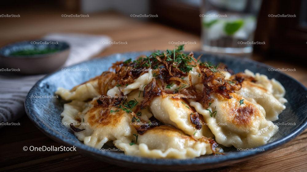 Japanese Gyoza Dumplings with Crispy Edges and Green Garnish Stock Photo Bundle preview 14