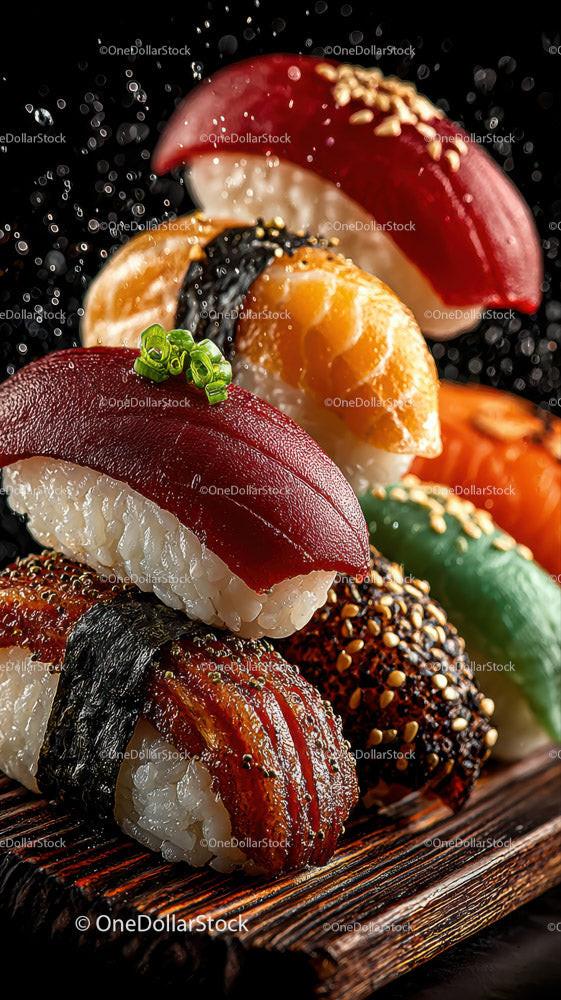 Fresh Sushi Plate with Salmon Tuna Rice Garnishes and Soy Sauce Stock Photo Bundle preview 5
