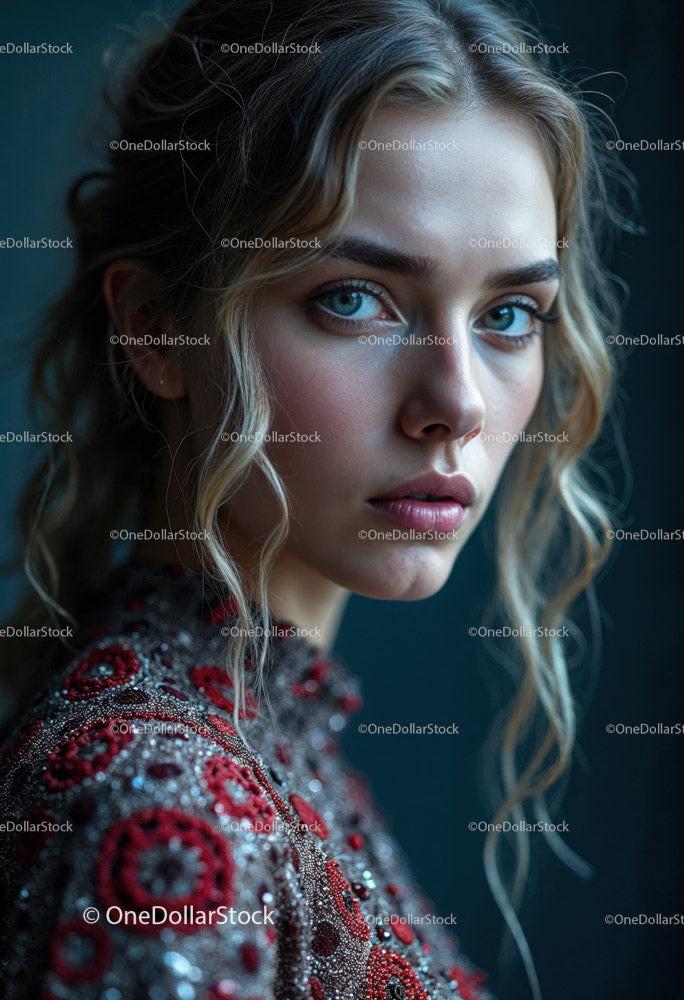 Elegant Woman with Blue Eyes in Embroidered Dress for Fashion Portrait