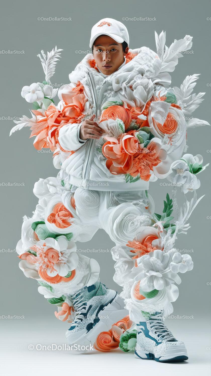Man in white floral decorated outfit with orange and green flowers and sneakers