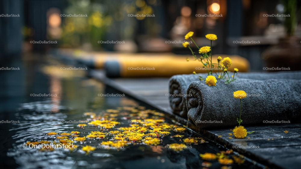 Yoga Mat with Yellow Flowers and Towels by Outdoor Pool