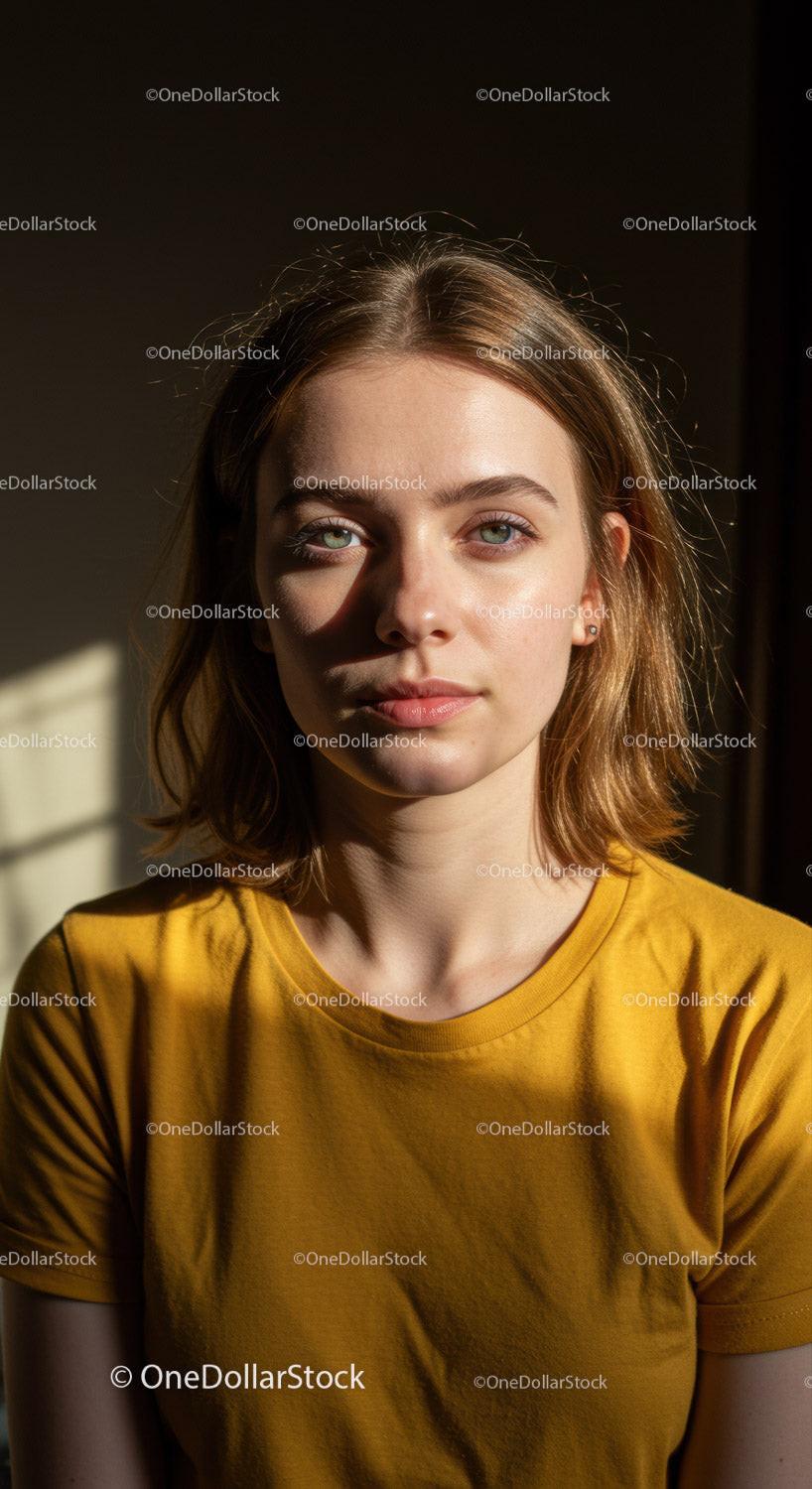 Portrait of Young Woman with Blue Eyes and Sunlit Face in Casual Yellow T-Shirt