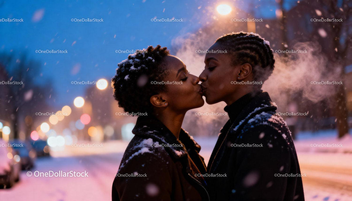 Affectionate couple sharing a kiss in snowy winter evening