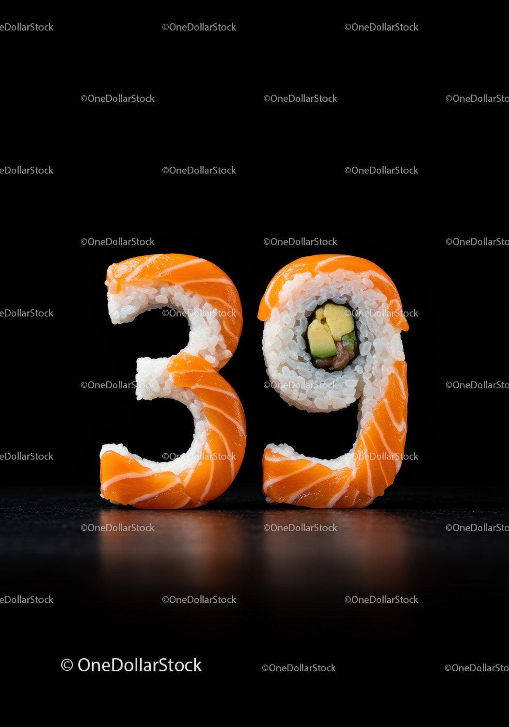 Numbers thirty nine crafted from sushi rolls
