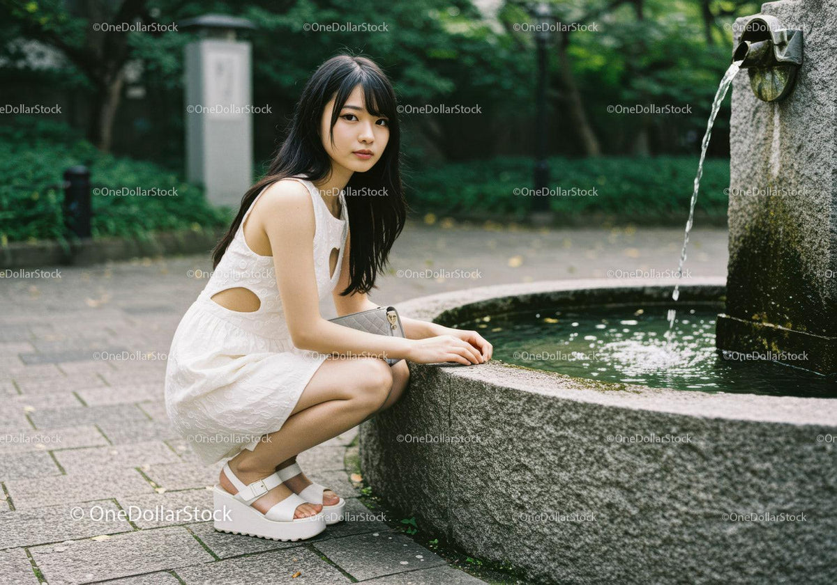 Young Woman Wearing White Dress and Platform Sandals by Water Fountain