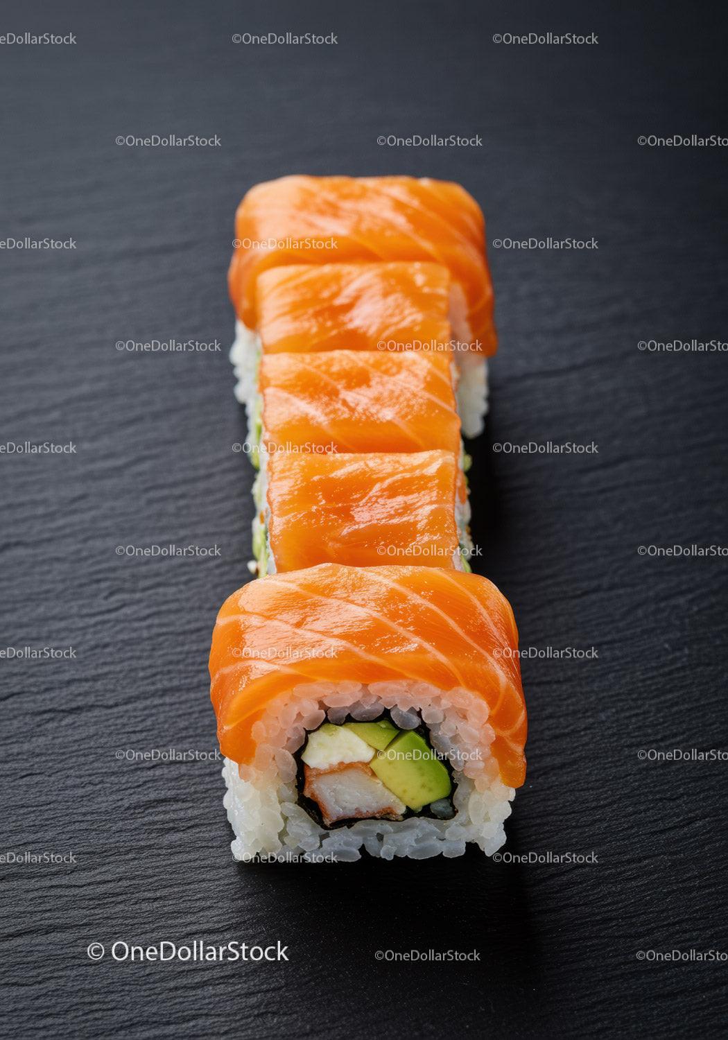 Fresh Salmon Sushi Rolls with Avocado on Black Slate