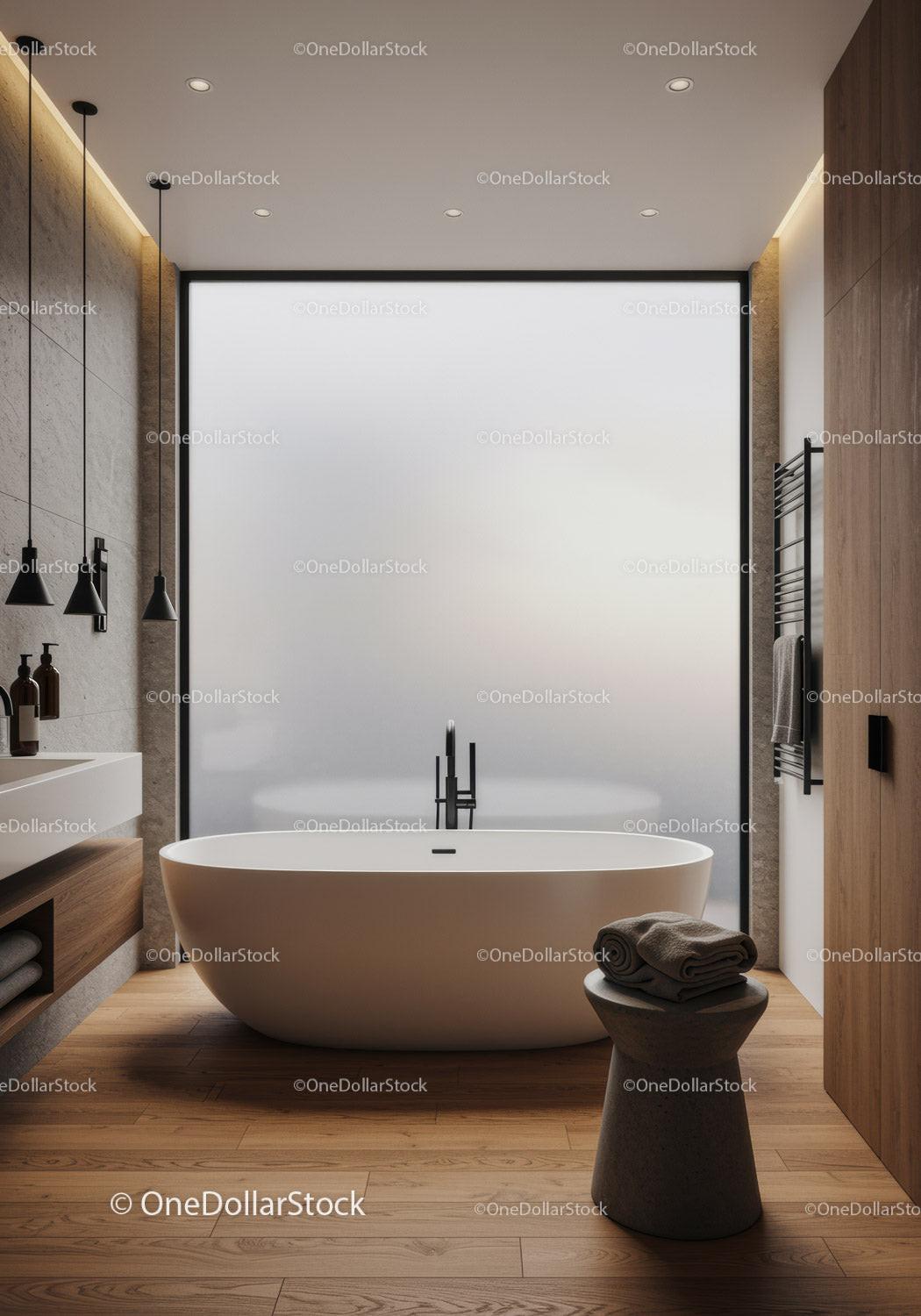 Modern Bathroom with Freestanding Tub and Frosted Glass Window